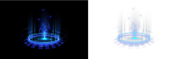 Sci-fi hologram ring shining with neon energy waves. Floating particles create a futuristic teleport illusion. Transparent PNG graphic for gaming UI. © Little Monster 2070