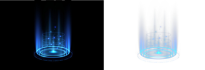Glowing energy gateway with bright neon circle and hologram light. Magical blue aura surrounds the teleport stage. Transparent PNG overlay for digital art projects. © Little Monster 2070