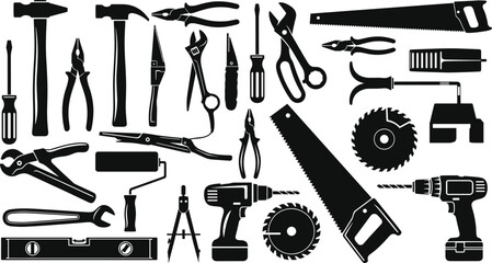 Hand tools silhouettes set with hammer pliers screwdriver saw drill wrench construction equipment collection, carpentry repair toolkit icons isolated on white background