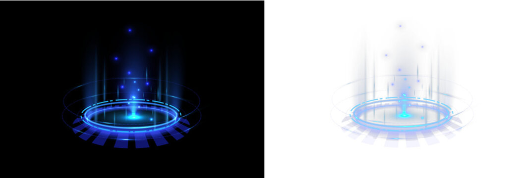Sci-fi hologram ring shining with neon energy waves. Floating particles create a futuristic teleport illusion. Transparent PNG graphic for gaming UI.