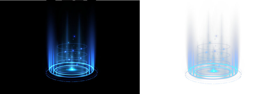 Glowing energy gateway with bright neon circle and hologram light. Magical blue aura surrounds the teleport stage. Transparent PNG overlay for digital art projects.