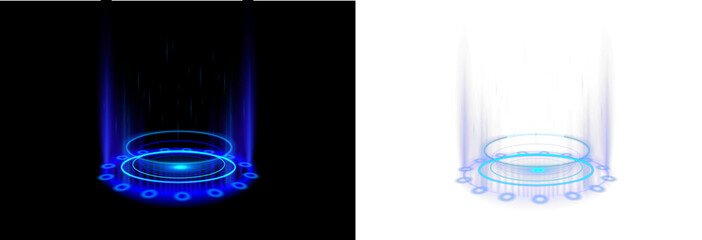 Plakat Advanced holographic ring shining with neon blue light. Floating energy particles form a magical sci-fi frame. Transparent PNG graphic for game design.