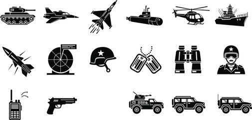Military icons set with tank fighter jet missile submarine helicopter warship weapons and army equipment silhouettes isolated on white background © Hello World