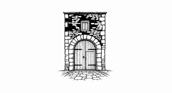 Ornate arched wooden doorway set in rough stone castle wall, stone path