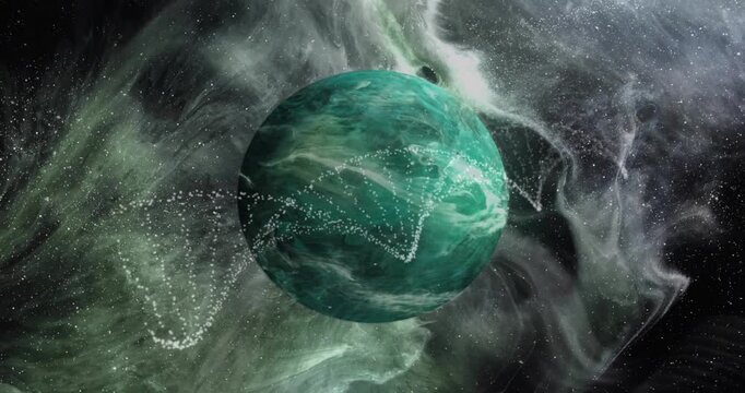 Particles intensifying, dotted arcs forming helix lattice over planet, tech demo for designers
