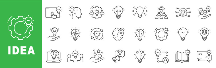 Idea outline icon set featuring innovation, creativity, brainstorming, smart solution, collaboration and technology concept symbols editable stroke line design © tutti_frutti