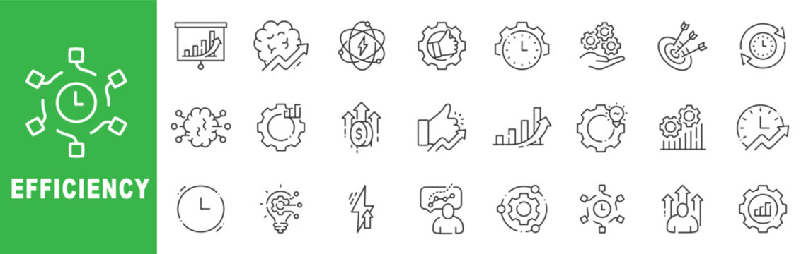 Efficiency outline icon set featuring productivity, optimization, workflow, time management, automation and performance improvement symbols editable stroke line design