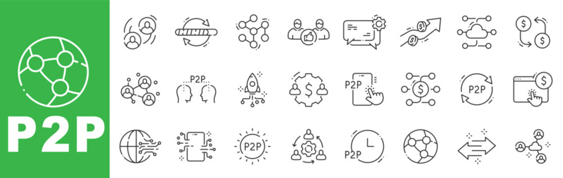 P2P peer to peer outline icon set featuring decentralized network, digital payment, online money transfer, fintech solutions