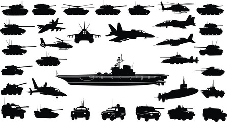 Military vehicles and aircraft silhouettes set with tanks fighter jets helicopters warship submarine armored vehicles army defense transport collection isolated on white © Hello World