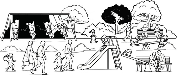 Obraz premium Children and adults enjoy various activities at a lively park