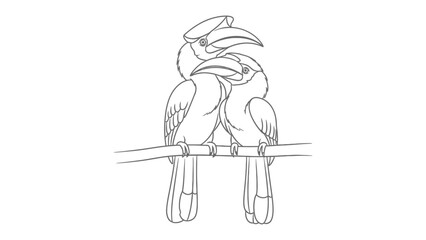 Hornbill Duo on Perch: A black and white line art illustration depicts two hornbills perched together. © Ajhar234