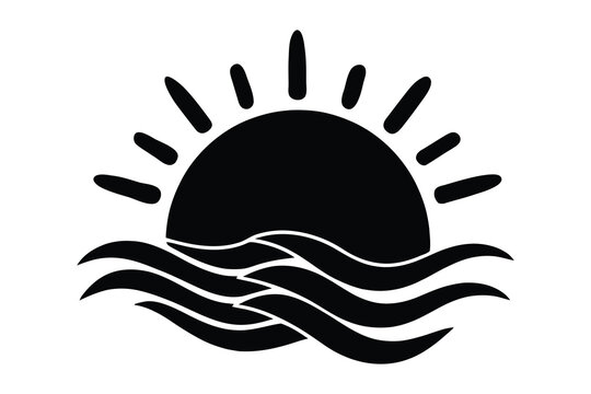 Simple black and white sunrise over water icon