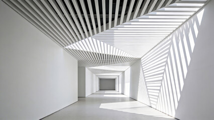 Fototapeta premium Modern architectural interior featuring a long corridor with geometric white walls and ceiling, illuminated by natural light casting shadows through slatted design