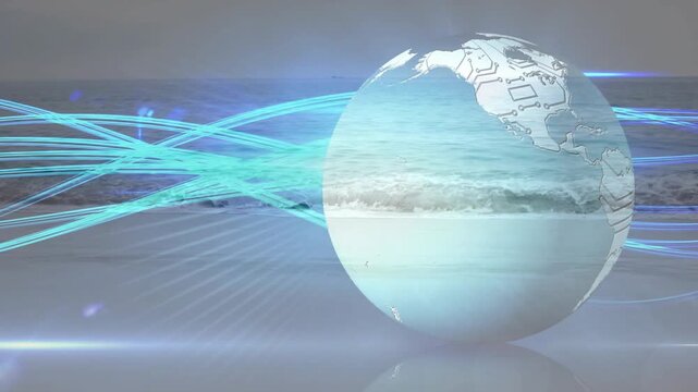 At start, globe rotating, ending AsiaPacific while cyan ribbons flowing and mirroring for tech