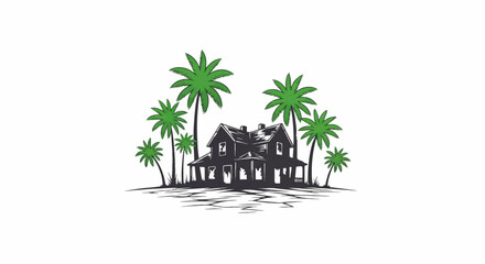 Obraz premium Dark silhouette of a house surrounded by lush green palm trees