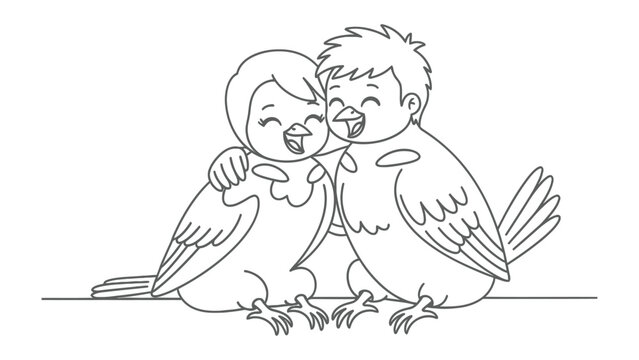 A Pair of Lovebirds Embracing: A charming line art illustration of two lovebirds, resembling a happy couple, are embracing affectionately, their eyes closed in delight.