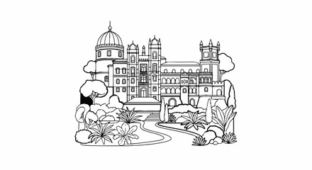 Naklejka premium Ornate palace with domed roofs and towers, surrounded by lush gardens and trees