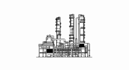 Obraz premium Schematic drawing of a complex industrial plant with multiple towers and piping