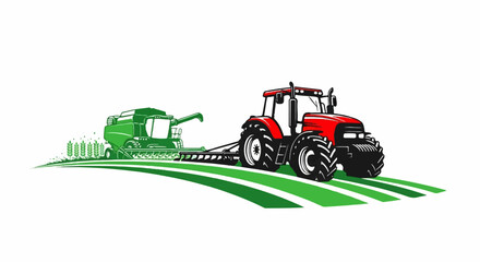 Obraz premium Red tractor pulls green combine harvester through green fields