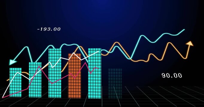 Combined chart elements emerging on blue grid, lines sliding in starting bars growing for analytics