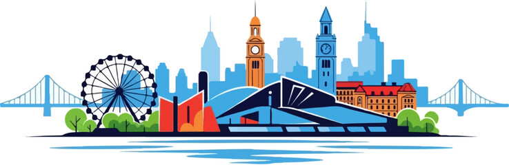 Obraz premium Stylized cityscape with Ferris wheel, bridges, and diverse architectural styles