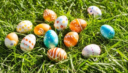 Colorful hand-painted Easter eggs scattered on vibrant green grass in a sunny garden