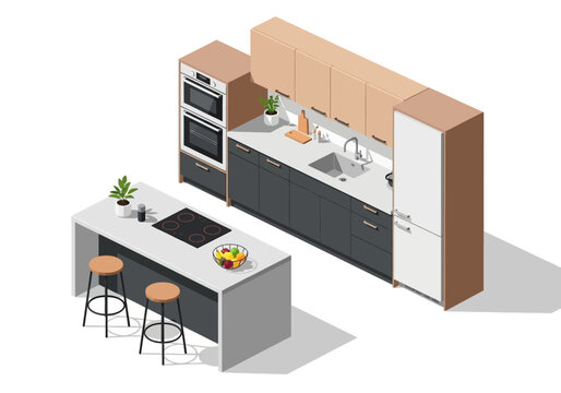 Modern isometric kitchen with island, oven, and cabinets, a clean and functional living space design