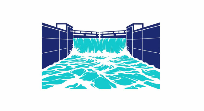 Stylized illustration of a canal lock with rushing water