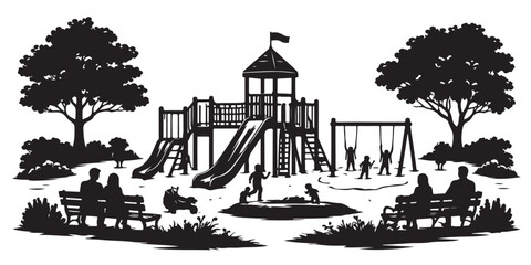 City Park Playground Lifestyle Scene Silhouette, Silhouette Vector, Isolated on White Background © Hin
