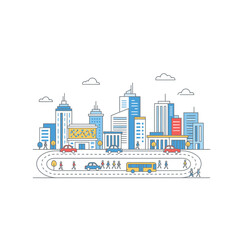 Obraz premium Modern Cityscape with Buildings and Transportation Elements.