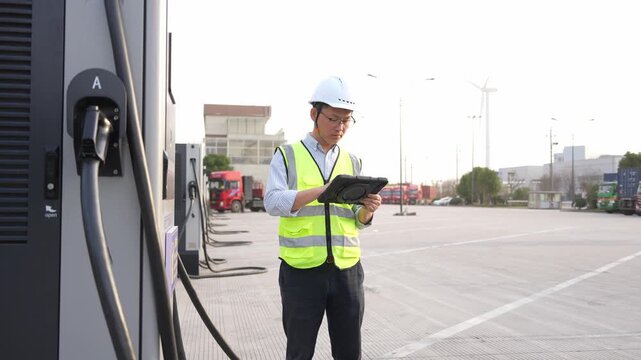 Engineer inspecting EV charging station equipment while operating a tablet outdoors