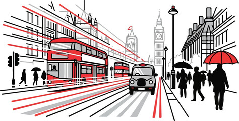 Stylized London street scene with iconic red buses and black cab
