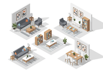 Isometric living room and dining room setups with furniture and decor for interior design inspiration