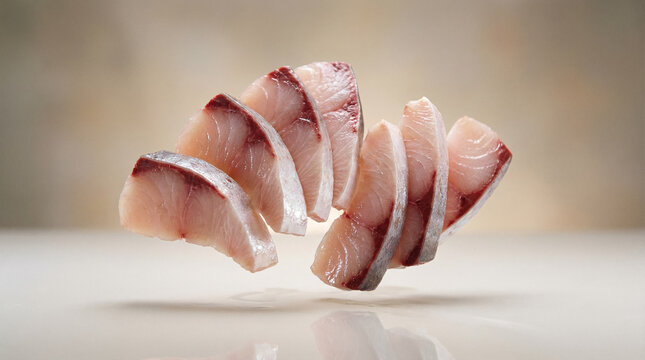 Floating Grey Mullet Sashimi on Neutral Background
