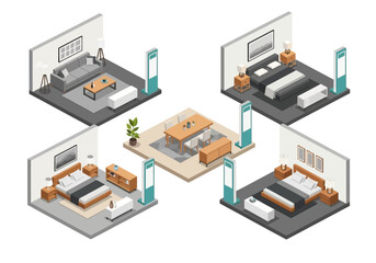 Obraz premium Isometric room designs featuring living room, dining room, and bedroom setups