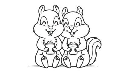 Fototapeta premium Cheerful Chipmunks: Two adorable chipmunks share a moment of joy, holding mugs and radiating happiness. This delightful image captures the spirit of companionship and contentment.