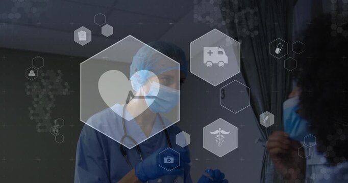 Female clinician reaching to collect swab, leaning toward patient as medical icons guiding testing