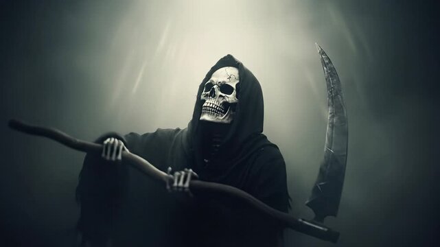 Grim Reaper With Scythe, Dark Hooded Figure, Skull Face, Mysterious Atmosphere