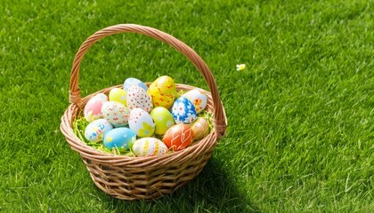 A wicker basket filled with colorful hand-painted Easter eggs sitting on a lush green lawn in bright sunlight