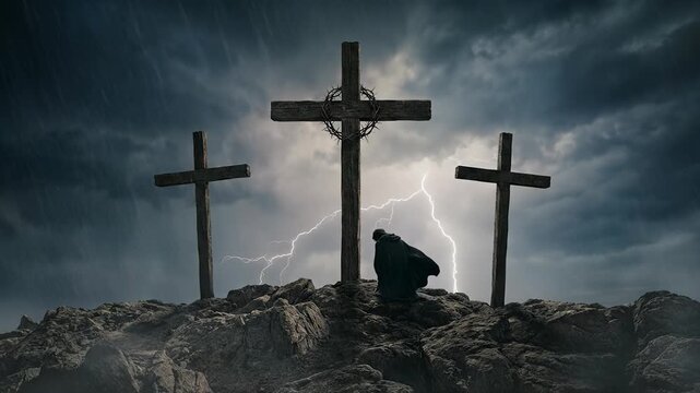 Three wooden crosses on rocky hilltop under dramatic stormy sky with lightning and kneeling figure representing crucifixion grief repentance and the power of Calvary in Christian faith