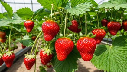 Large ripe red strawberries hanging on green bushes in a modern greenhouse, harvest.