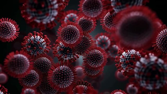 Close-up of 3D virus particles in red and white, illustrating the structure of pathogens. Represents the ongoing battle against infectious diseases and the importance of health awareness