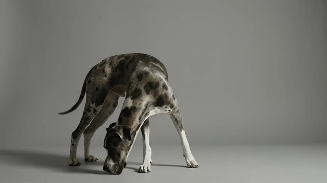 Majestic Merle Great Dane Dog Poses and Sniffs on Studio Gray Background