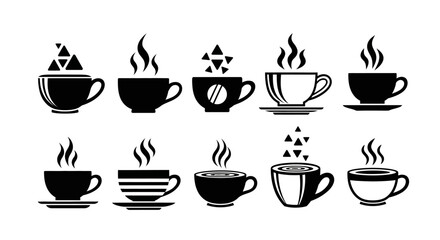 Fototapeta premium Set of black coffee cup icons with steaming beverages collection and various designs isolated on a white background
