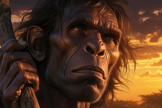 Prehistoric Homo erectus holding a stick, close-up portrait of his face at sunset in the savanna landscape