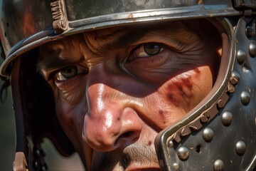 Fototapeta premium Close-up portrait of a Roman army warrior wearing an ancient helmet, intense expression before battle, historical illustration
