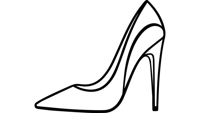 Black outline vector illustration of elegant women&rsquo;s high heel stiletto pump shoe, minimalist line art fashion icon isolated on white background