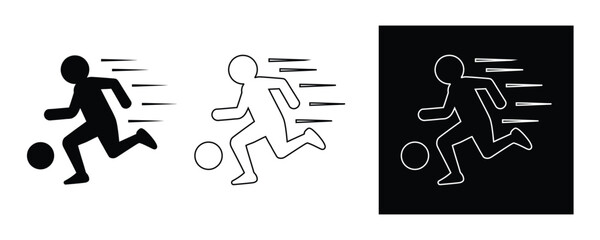 Three stick figures running with soccer ball on white background
