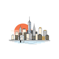 Obraz premium New York City Skyline Illustration with Brooklyn Bridge and Sun.