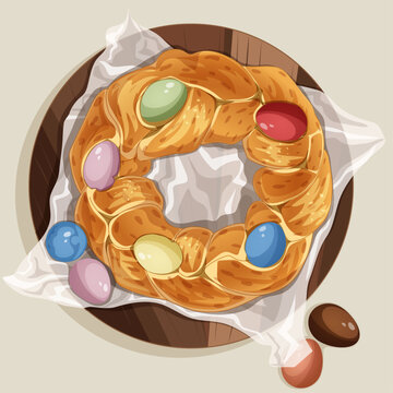 Traditional Braided Italian Easter Bread Ring Pane di Pasqua with Colorful Eggs and Baking Paper on Rustic Wood Board. Mediterranean Brioche Wreath and Greek Tsoureki Style Illustration